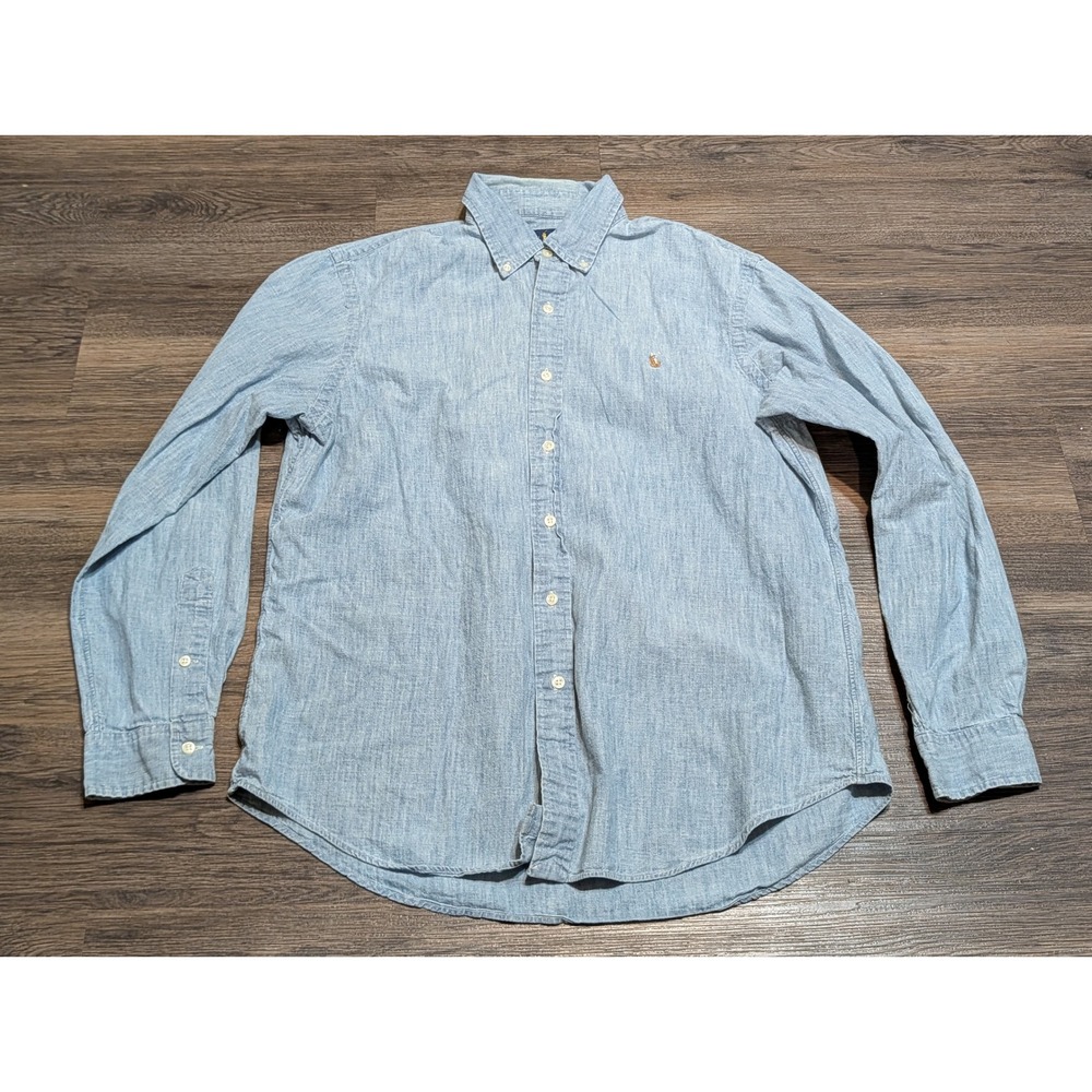 Polo Ralph Lauren Mens Large Light Blue Chambray Button Down Shirt Long Sleeve